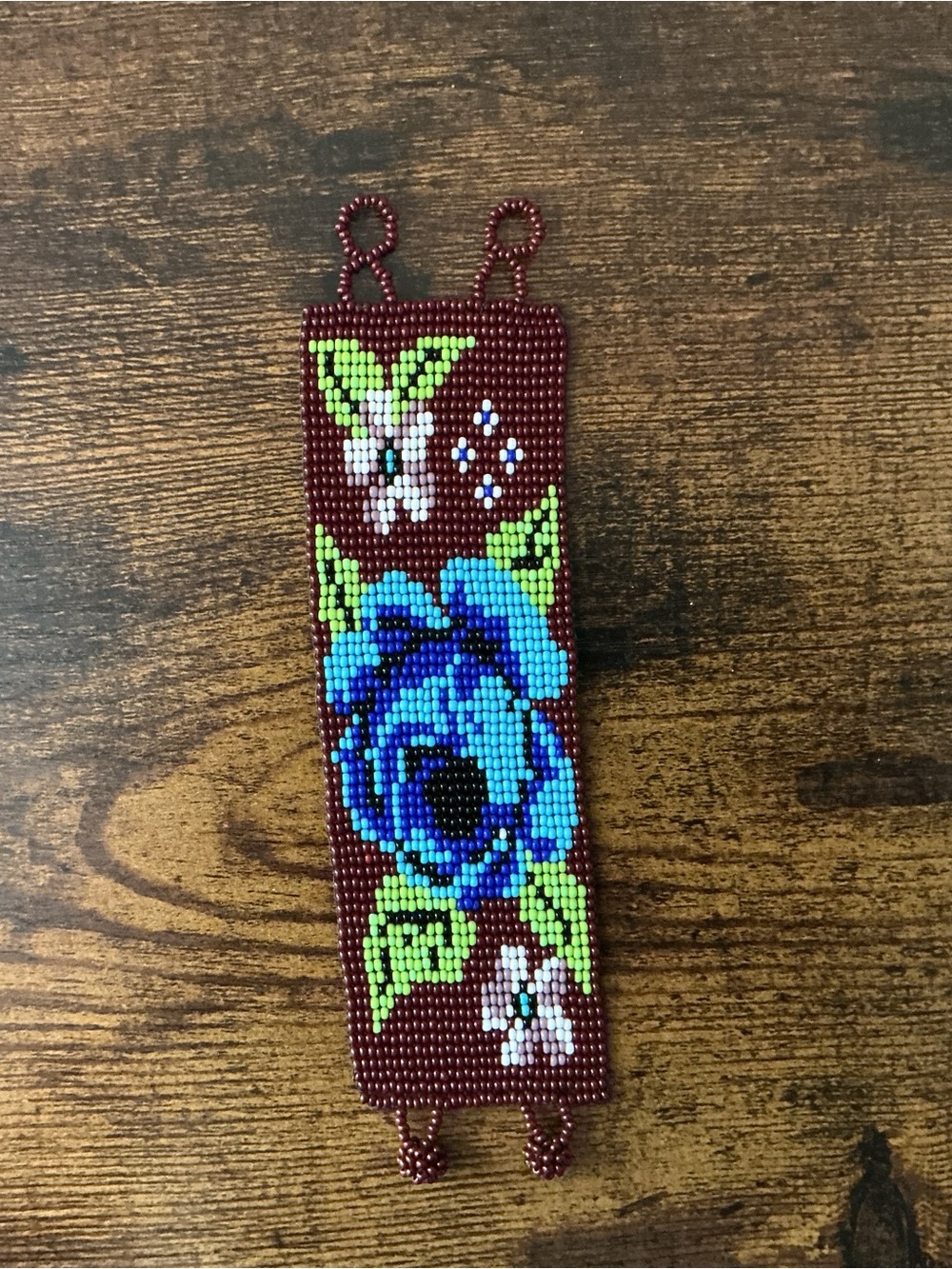 Handmade Beaded Floral Bracelet - Blue on Burgundy